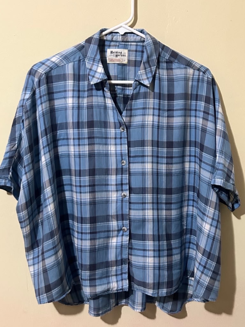 HOLDING HORSES Blue and Navy Plaid Short-Sleeve Button-Down Shirt